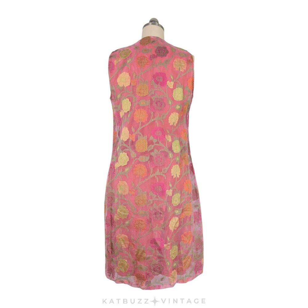 Floral Midi Dress Cotton Silk Handmade Tibet Tie Pink Green Orange Yellow M - Picture 3 of 9